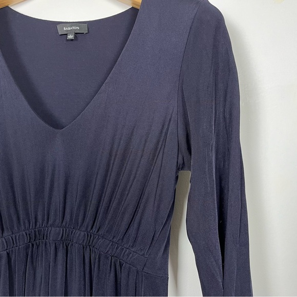 EUC Aritzia Babaton Navy‎ Blue Long Sleeve Dress V-Neck Size Large Ruching Front - Picture 6 of 13